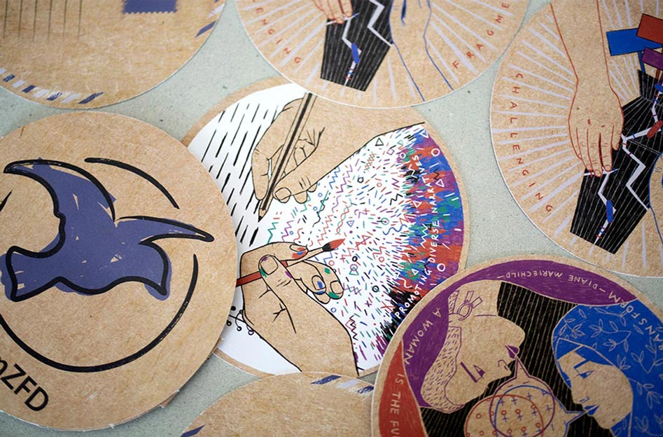 Photograph of overlapping circular postcards, each featuring a different illustration.